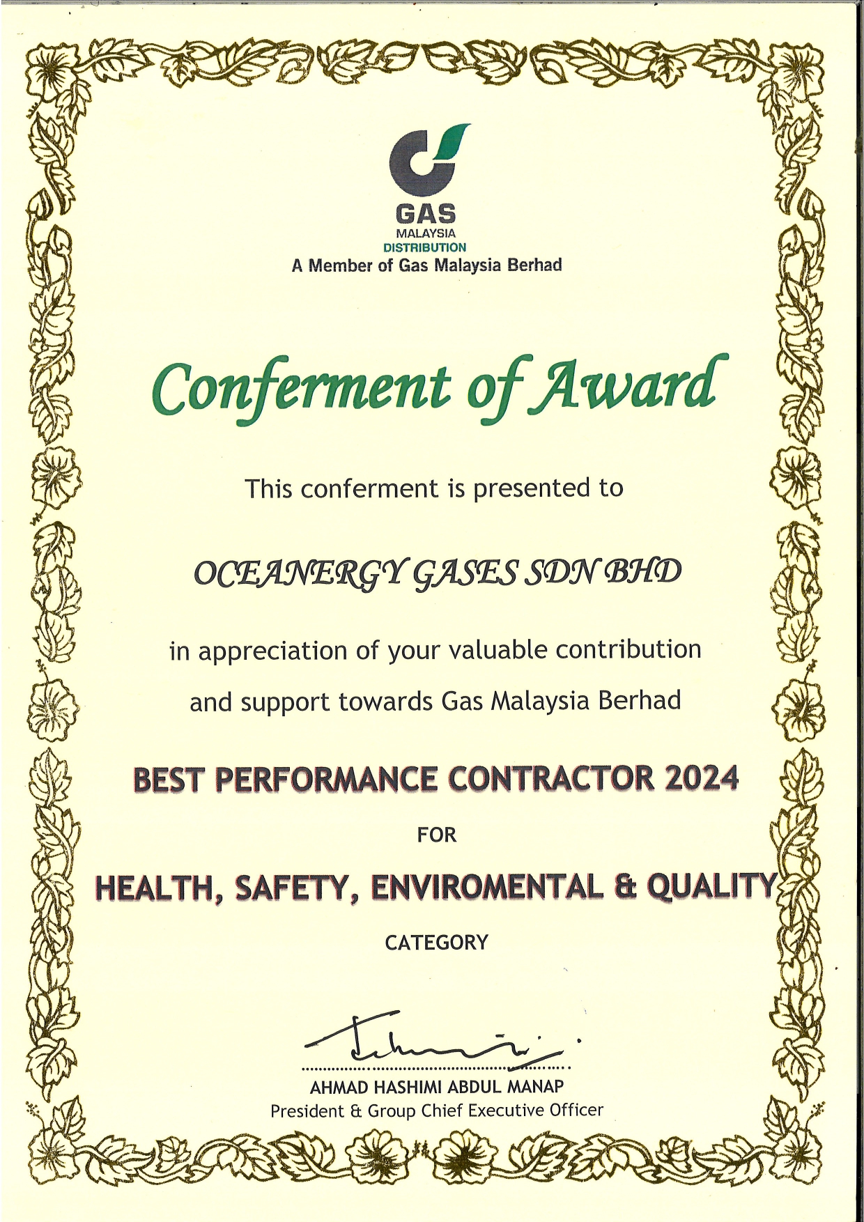 Best Performance Contractor 2024 (HSE & Quality)